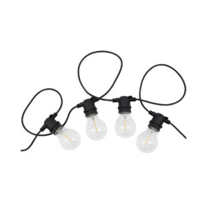 Černý světelný řetěz s 10 LED žárovkami na bílém pozadí. Produktová fotografie zobrazující odolný kabel a design žárovek.