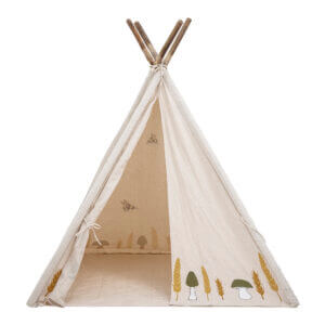 Bavlněné dětské teepee Millo s přírodním potiskem z čelního pohledu na bílém pozadí.
