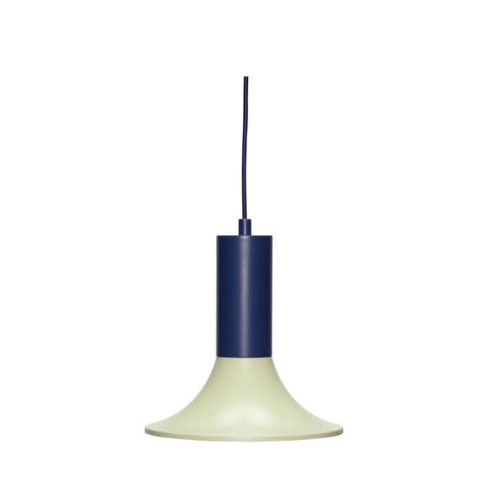 Designové závěsné svítidlo Luminary v modro-zelené barevné kombinaci na bílém pozadí.